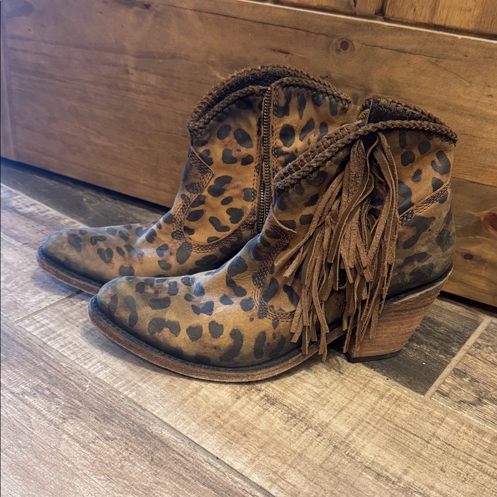 Leopard Print Fringe Ankle Liberty Black Booties - Picture 2 of 5